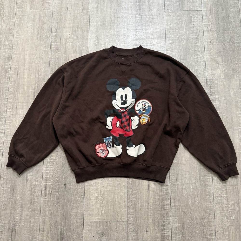 Disney Pullover Mickey Mouse Sweatshirt Women Brown Cotton Blend Casual Size M - Picture 2 of 9